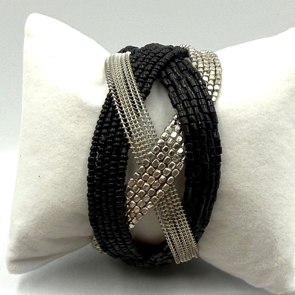 Black and Silver Multi Strand Seed Bead Interwoven Cuff Bracelet Statement Piece